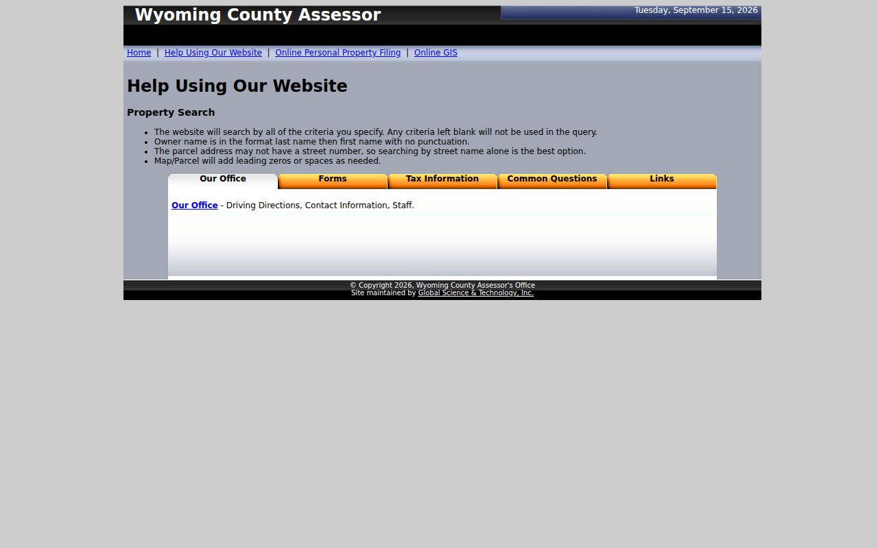 Wyoming County Assessor help page with owner-name format and street-only search guidance