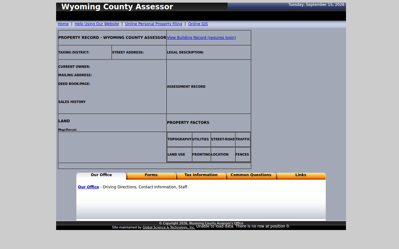 Wyoming County property owner record with CURRENT OWNER and MAILING ADDRESS fields