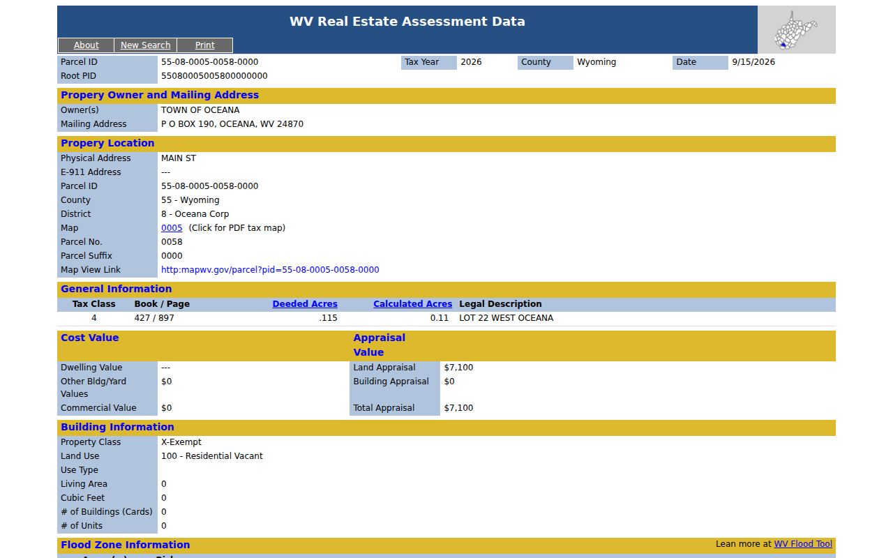 Wyoming County property value sample with land, building and total assessment fields