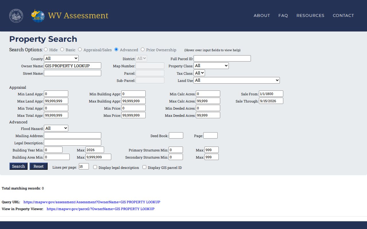 Wyoming County property value statewide assessment and sales search filters