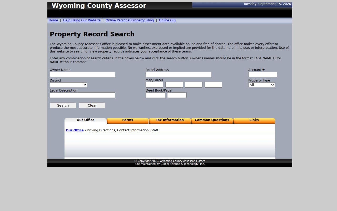 Wyoming County Assessor property search form with owner, address, account, district and parcel fields